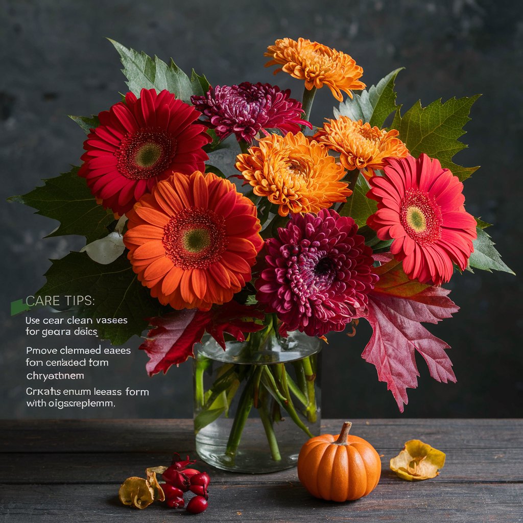  Cut Flowers : Gerbera Daisies , Chrysanthemums & Autumn leaves Flowers