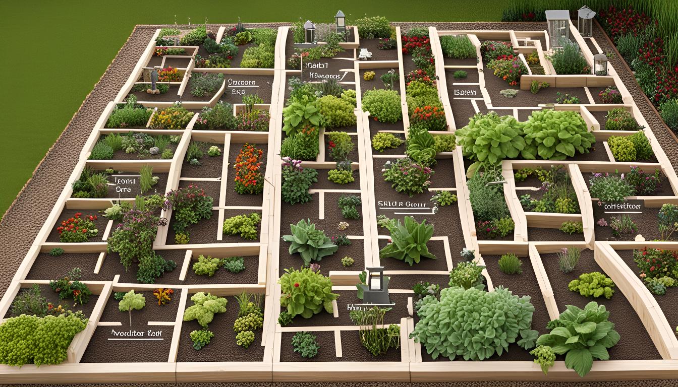 This should yield images that match the description of a garden with a grid of raised beds, wide paths for access, and varied themes or purposes for each bed.