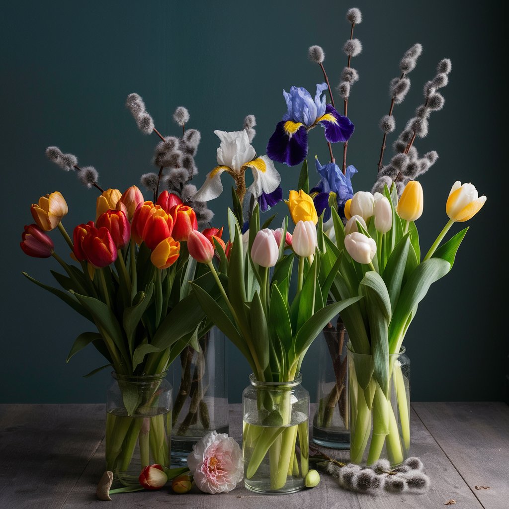 Cut Flowers : Tulips , Irises & Pussy Willows Flowers. seasonal cut flowers