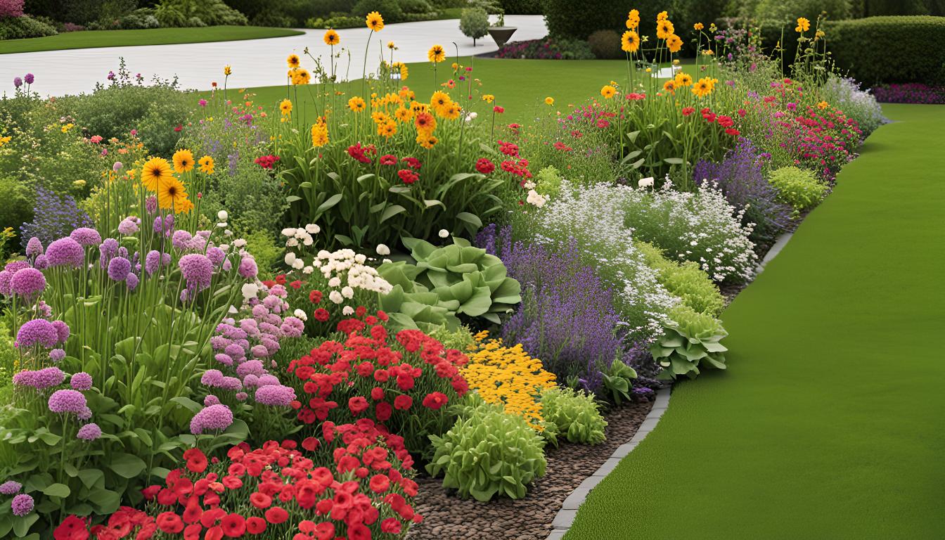 classic rectangle garden bed design. It features long, narrow beds with paths between them. The flowers are arranged by height, with the tallest at the back