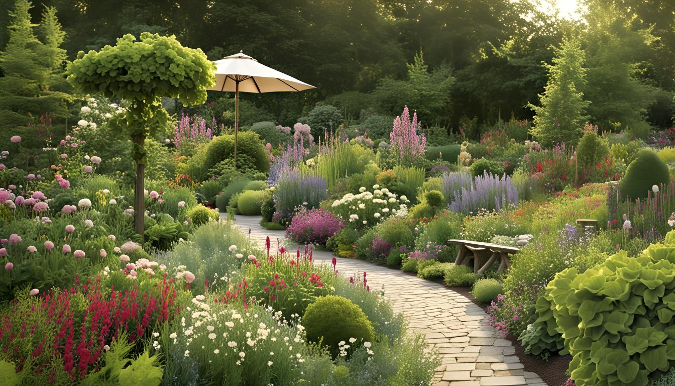 An informal, naturalistic layout Dense, mixed plantings with a variety of flowers and greenery Winding paths meandering through the garden Ensure the garden feels lush and inviting, with vibrant colors and a charming.
