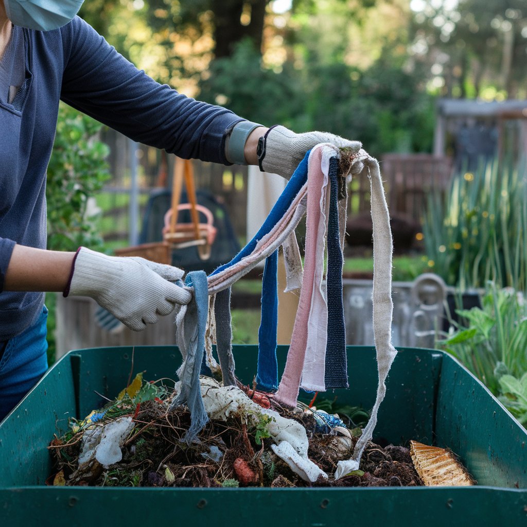 A woman in a mask and gloves is carefully collecting dirt from a compost bin, promoting sustainable gardening practices.