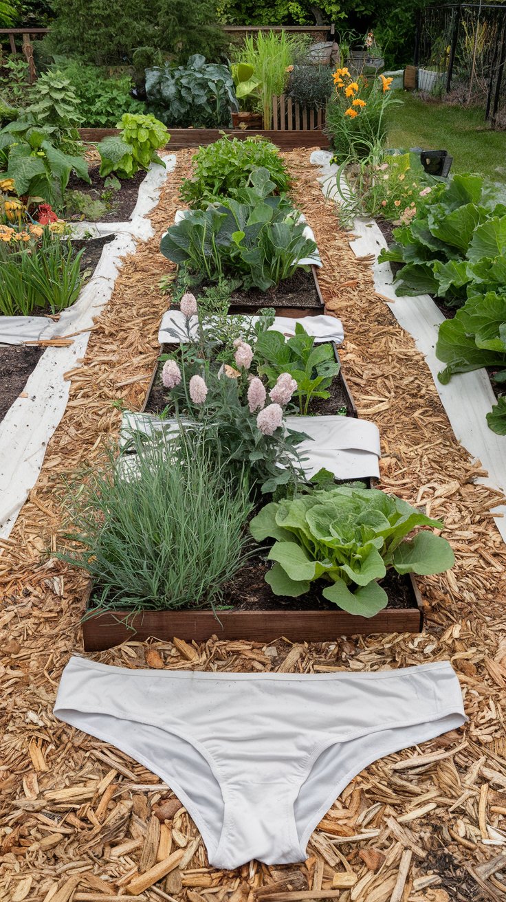 A flourishing garden showcasing a mix of blooming flowers and healthy vegetables, protected by a weed barrier for better yield.