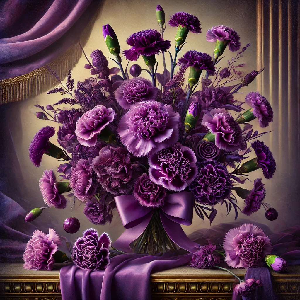 A vase filled with vibrant purple carnations, elegantly adorned with a matching purple ribbon. Purple Carnation Flowers