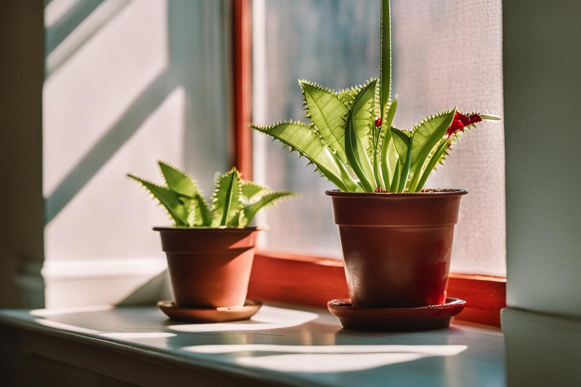 A vibrant Venus Flytrap, its green leaves edged with red, sits in a sunny windowsill. The plant