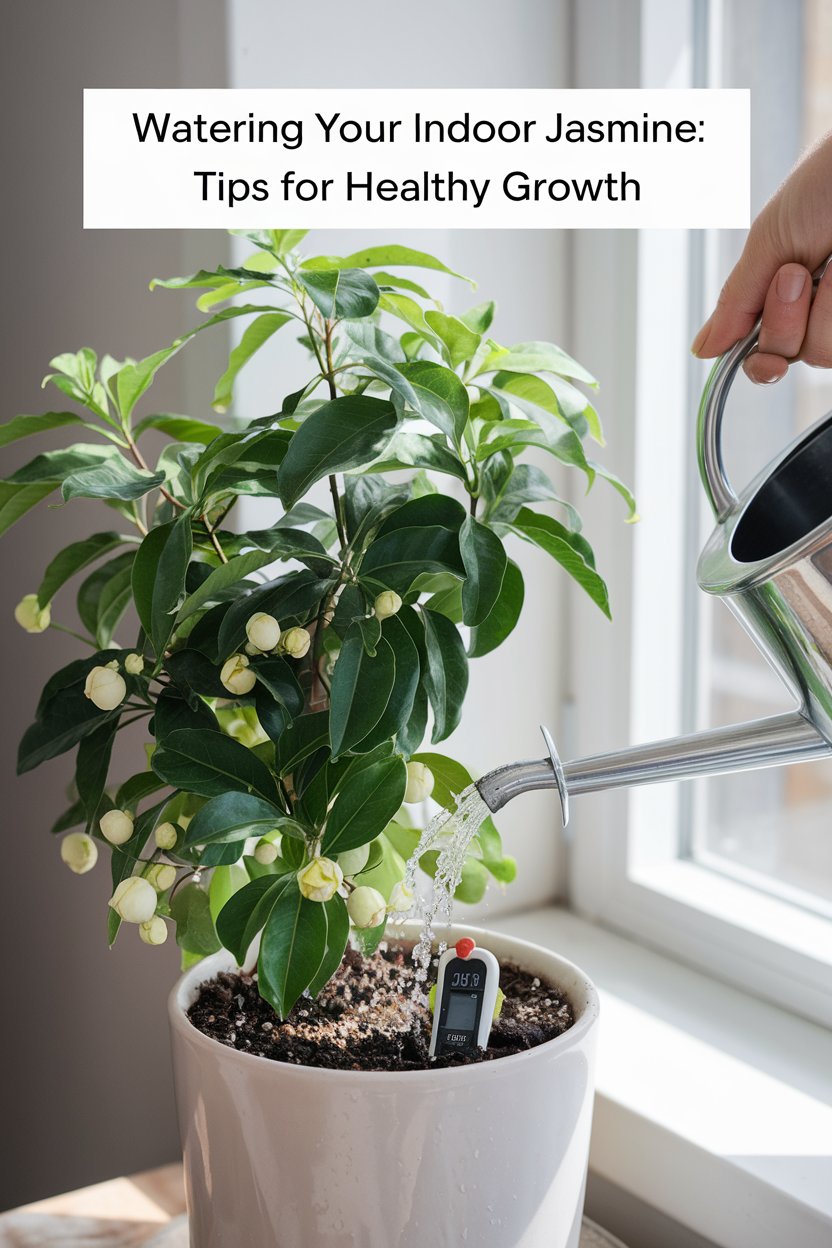 A close-up view of a potted indoor jasmine plant, with lush green leaves and small white buds. A hand is gently watering the plant with a watering can, showing the proper watering technique. The soil looks moist but not waterlogged, and a small moisture meter is placed in the pot for precision. Sunlight streams in through a nearby window, illuminating the scene. Text overlay reads, 