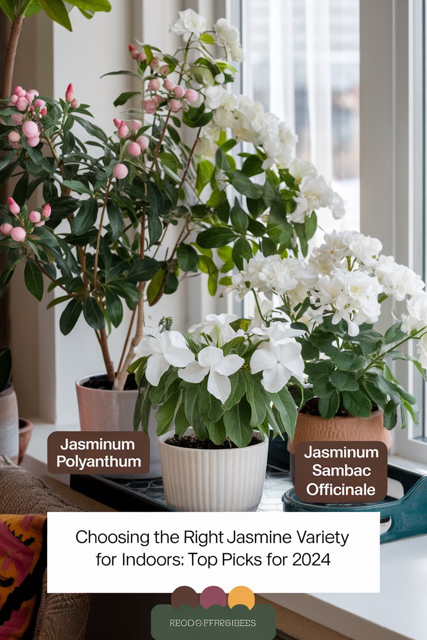 A cozy indoor space featuring beautiful potted jasmine plants. Showcasing different varieties, such as Jasminum polyanthum with pink buds, Jasminum sambac with its white, fragrant blooms, and Jasminum officinale with delicate star-shaped flowers. The pots are placed near a sunny window, surrounded by indoor décor, highlighting the plants’ elegance. The scene includes compact jasmine cultivars designed for small spaces, tying into 2024