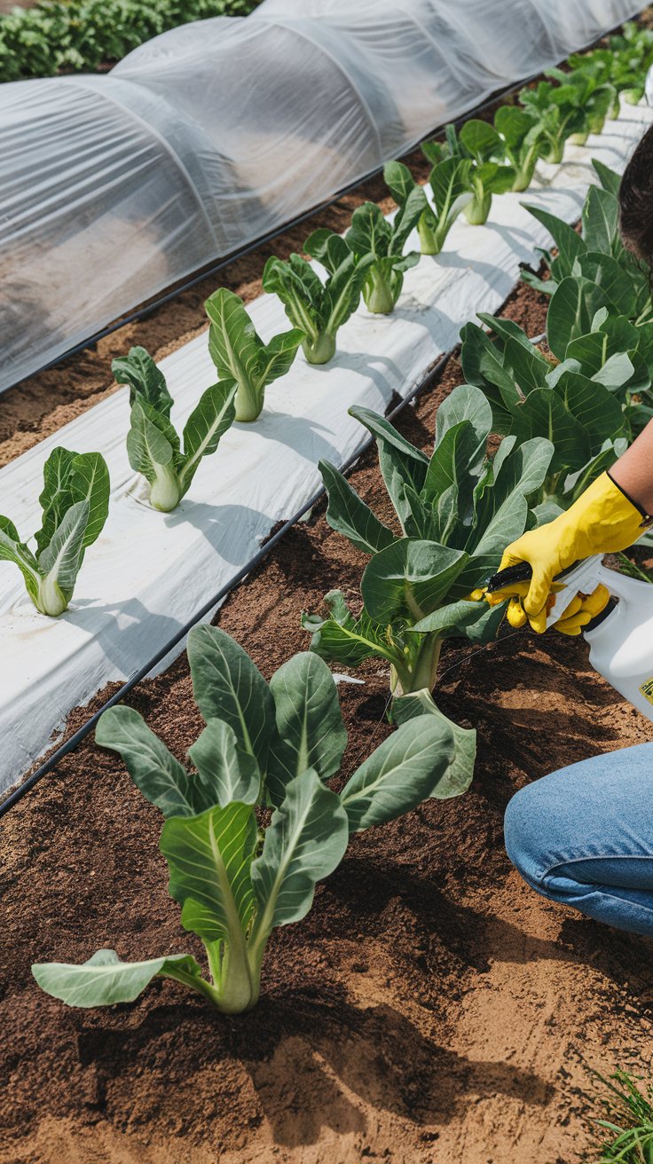 A detailed gardening scene focused on protecting bok choi plants from pests and diseases. In the foreground, a gardener is spraying neem oil to combat aphids, while nearby row covers are placed over plants to prevent flea beetle damage. Diatomaceous earth is scattered around the plants to keep pests at bay. Bok choi plants are spaced well for good air circulation, with the gardener removing yellowing leaves to prevent disease. Text overlay reads, 