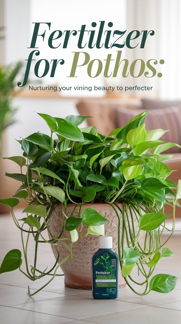 A healthy, thriving Pothos plant with long, cascading vines full of vibrant green leaves, placed in a decorative pot in a bright indoor space. Next to the plant is a bottle of fertilizer, with gentle light shining on both, symbolizing nourishment and growth. The leaves have a glossy, lush appearance, showcasing the plant’s perfect health. The background is a cozy, well-decorated living room, enhancing the beauty of the Pothos. The text overlay reads 
