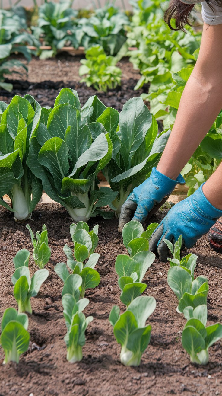 A productive garden scene showcasing the practice of succession planting for bok choi. In the foreground, a gardener plants new seeds and seedlings every 2-3 weeks, with mature bok choi plants growing nearby. The scene emphasizes the consistent planting schedule, ensuring a steady supply before temperatures rise above 75°F (24°C). In the background, young bok choi plants are thriving under late-summer sunlight, preparing for a fall crop. Text overlay reads, 