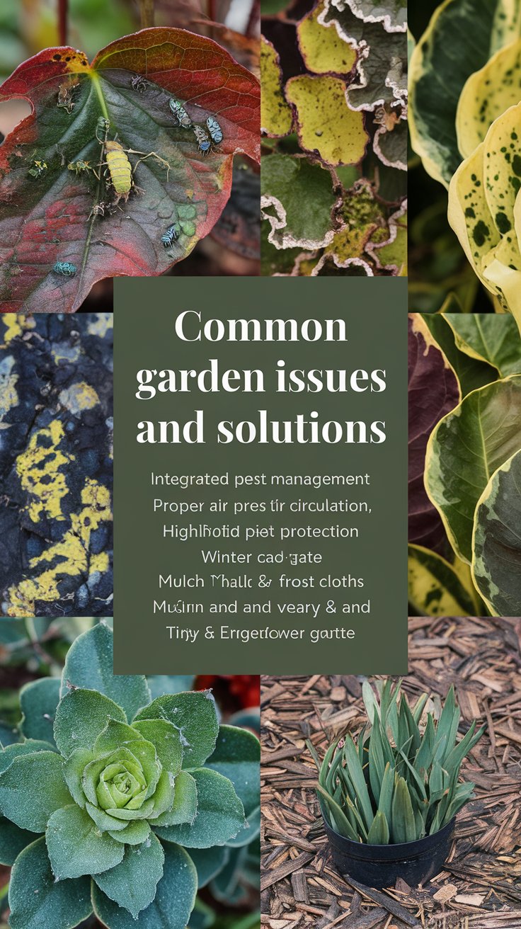 An image of a variety of garden plants showing common issues such as pest infestations, fungal diseases, and winter die-back. Close-up shots feature damaged leaves with pests like aphids and caterpillars, yellowing or spotted foliage indicating disease, and plants covered with a protective layer of mulch for winter protection. The image text reads, 