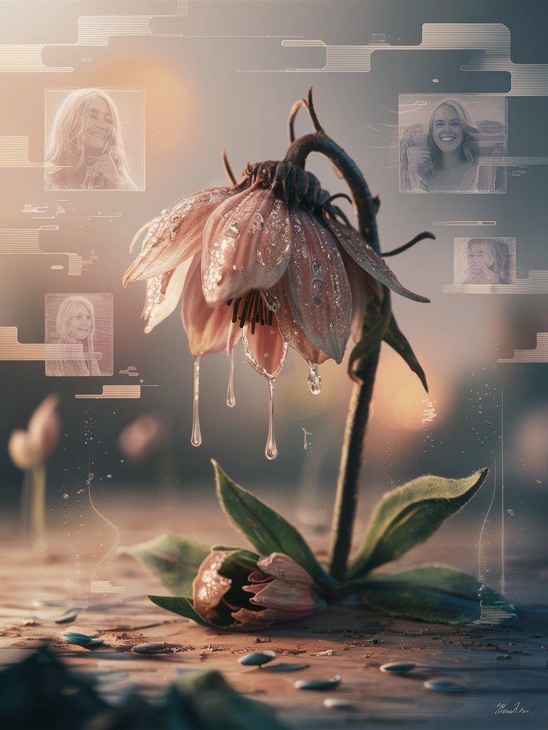 Create a serene composition featuring a withered flower with glistening tears on its petals, surrounded by a softly blurred backdrop of a digital landscape—like a pixelated horizon or abstract shapes symbolizing the fast-paced digital world. Incorporate elements representing the reflections:
Embrace Imperfection: Add gentle imperfections to the flower