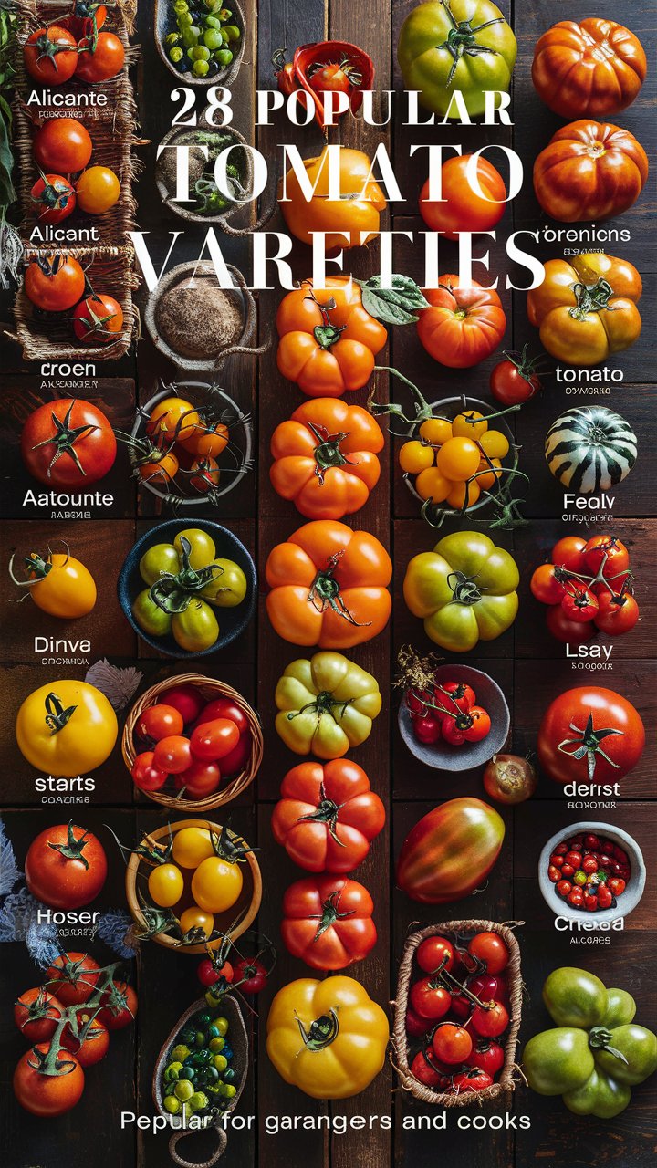 A Pinterest-friendly vertical image showcasing a colorful and eye-catching arrangement of 28 popular tomato varieties, with each variety labeled for easy identification. The background features a rustic wooden table or garden setting, with tomatoes displayed in baskets, bowls, and directly on the surface. Varieties like the bright red Alicante, golden-yellow Sun Gold, dark purple Black Krim, and green-striped Green Zebra are arranged to create a visually striking contrast. The text overlay at the top reads, 