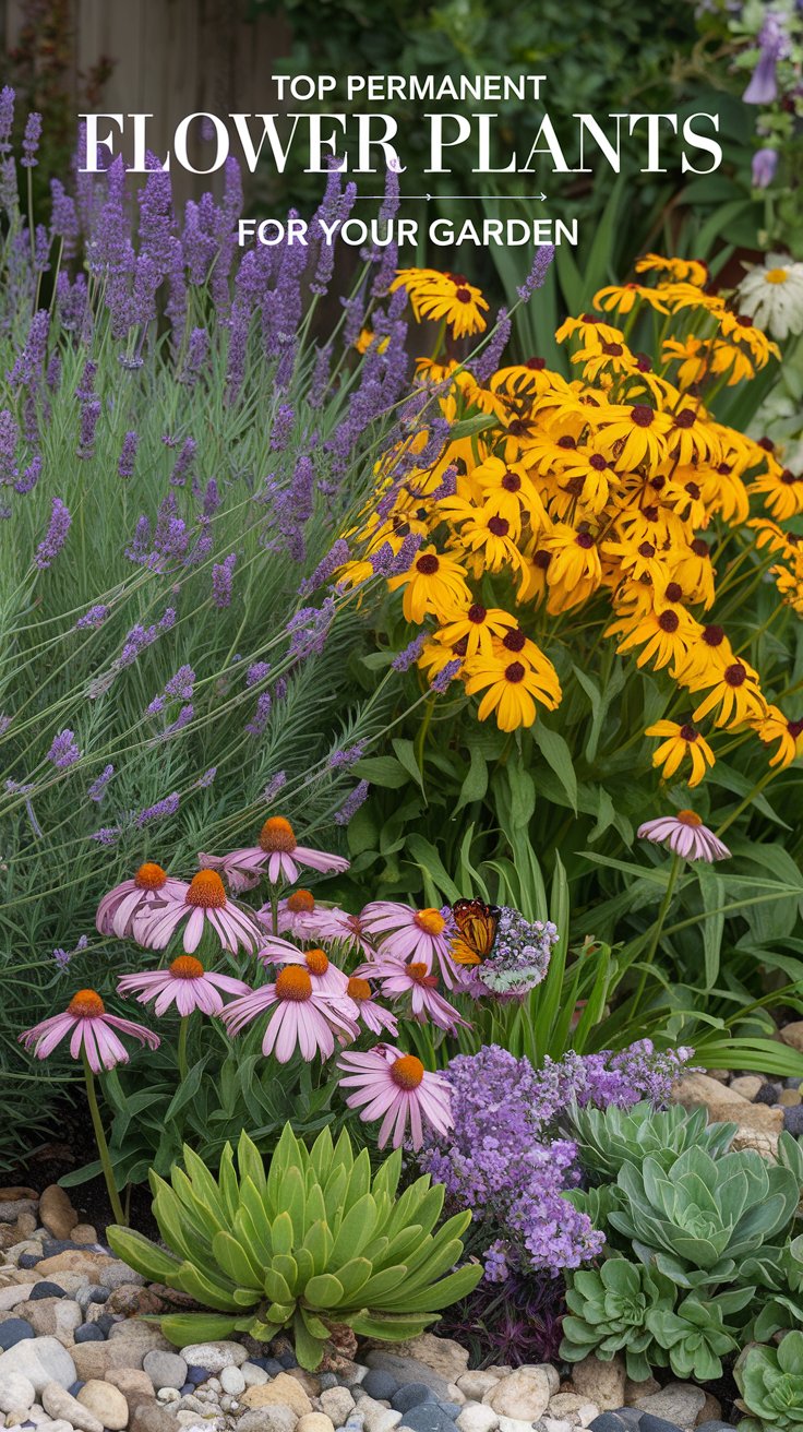 An eye-catching image of a well-designed garden featuring perennial flowers like lavender, black-eyed Susans, daylilies, coneflowers, and sedum. The vibrant lavender blooms sway against the breeze, bright yellow-black-eyed Susans stand tall, and various colorful daylilies and coneflowers pop in contrast to the lush greenery. Succulent sedum in a rock garden adds texture, while pollinators like butterflies and bees are attracted to the scene. The image text reads, 