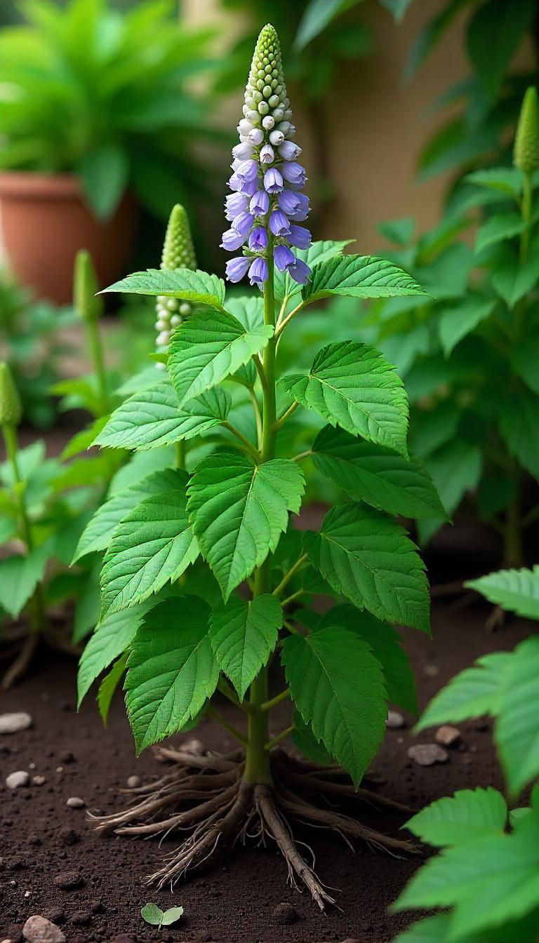 Licorice Plant (Helichrysum petiolare) is a trailing perennial known for its silvery, velvety leaves and its ability to thrive in full sun, often used in hanging baskets or as ground cover.