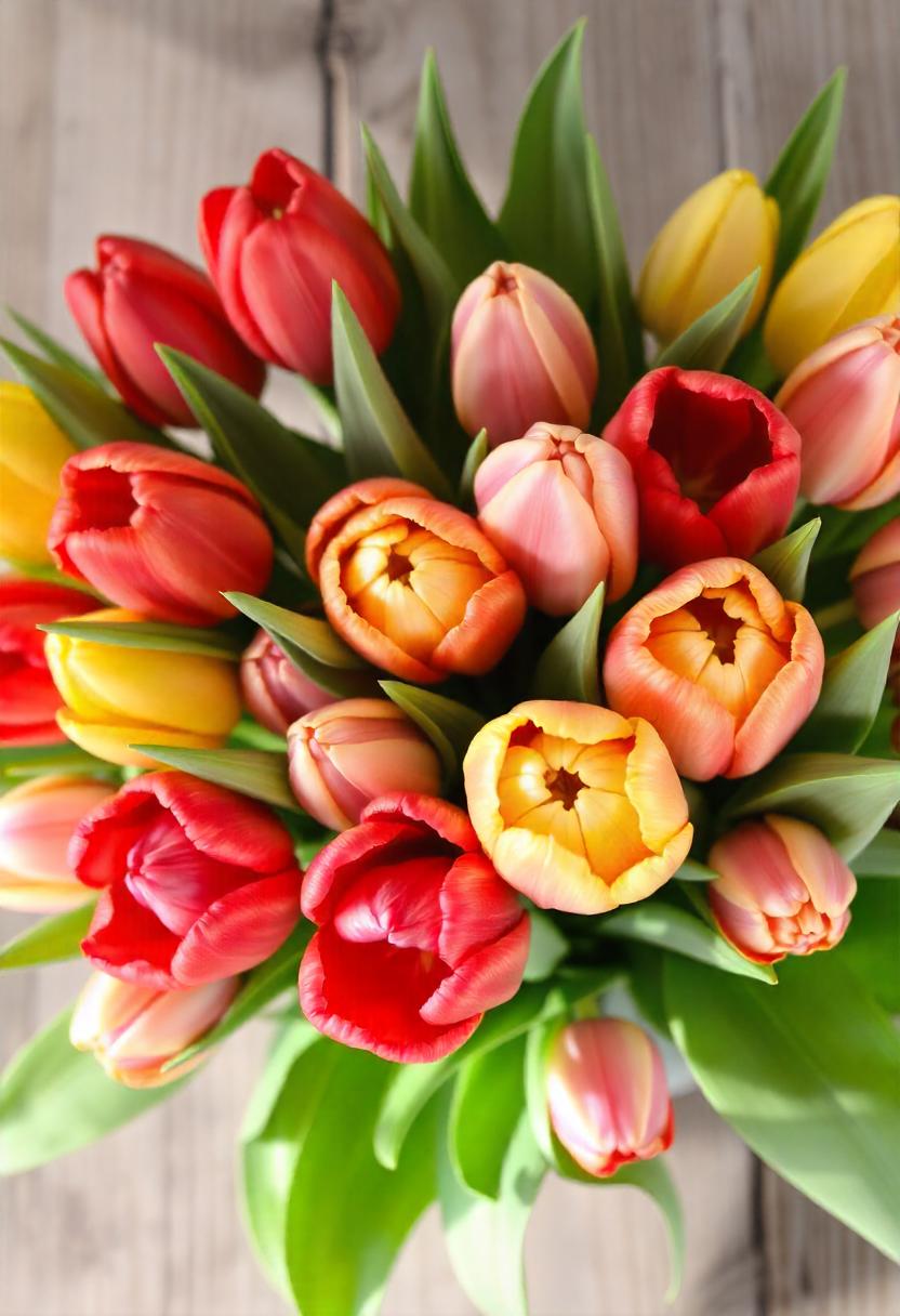 A vibrant bouquet of tulips in various colors, including red, yellow, pink, and purple, showcasing their classic cup-shaped blooms. The tulips are arranged with lush green leaves, creating a lively and fresh appearance. Soft sunlight illuminates the petals, enhancing their rich colors and delicate textures. The background features a rustic wooden table, adding warmth to the composition. 