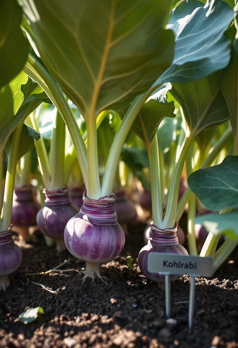 A thriving garden bed filled with healthy kohlrabi plants, showcasing their distinctive bulbous stems and large, leafy tops. The kohlrabi bulbs are a vibrant shade of pale green or purple, emerging just above the soil, with some ready for harvest and others still growing. The leaves are broad and lush, adding to the plant