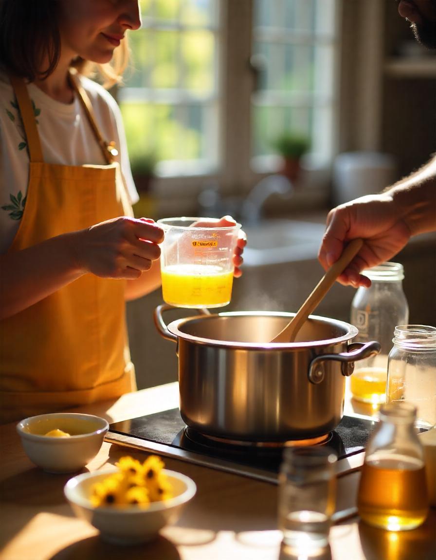 A bright and inviting kitchen scene featuring the process of making calendula salve. In the foreground, a double boiler is gently melting beeswax, with a measuring cup nearby holding calendula-infused oil ready to be added. A small bowl of essential oils and a bottle of vitamin E oil sit next to the setup. The mixture is being stirred with a wooden spoon, and empty containers are arranged on the counter to receive the salve. The atmosphere feels cozy and homemade, showcasing the natural ingredients used in the process.