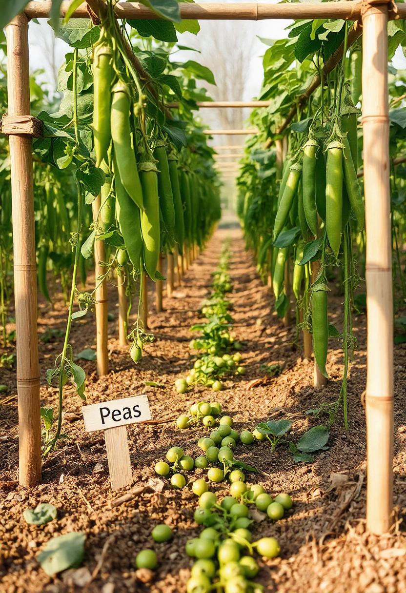 A flourishing vegetable garden filled with rows of lush pea plants, showcasing their delicate green leaves and tendrils climbing up support structures. Bright green pea pods dangle from the vines, some still immature while others are plump and ready for harvest. The ground is rich and well-tended, with a few fallen pea pods scattered around, hinting at a bountiful harvest. The scene is bathed in warm sunlight, highlighting the vibrant green hues and the overall freshness of the garden. A small garden marker identifies the crop as 