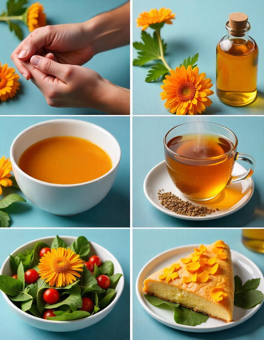 A visually engaging collage showcasing various uses of calendula in skincare, internal remedies, and culinary applications. In one section, a hand applies calendula oil or salve to a minor cut, with fresh calendula flowers in the background. Another section features a steaming cup of tea with dried petals steeping, alongside a tincture bottle. A third section displays a colorful salad, soup, and a slice of baked goods garnished with bright calendula petals, emphasizing their culinary uses. The layout should be vibrant and inviting, reflecting the versatility and benefits of calendula.