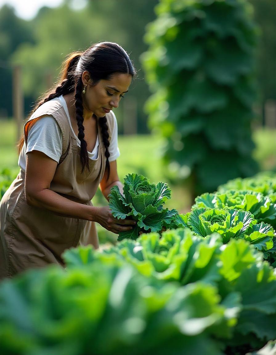 A thriving garden bed filled with lush kale plants, their curly, dark green leaves reaching upward. The texture of the kale leaves is prominently displayed, showing the unique ruffled edges. A gardener