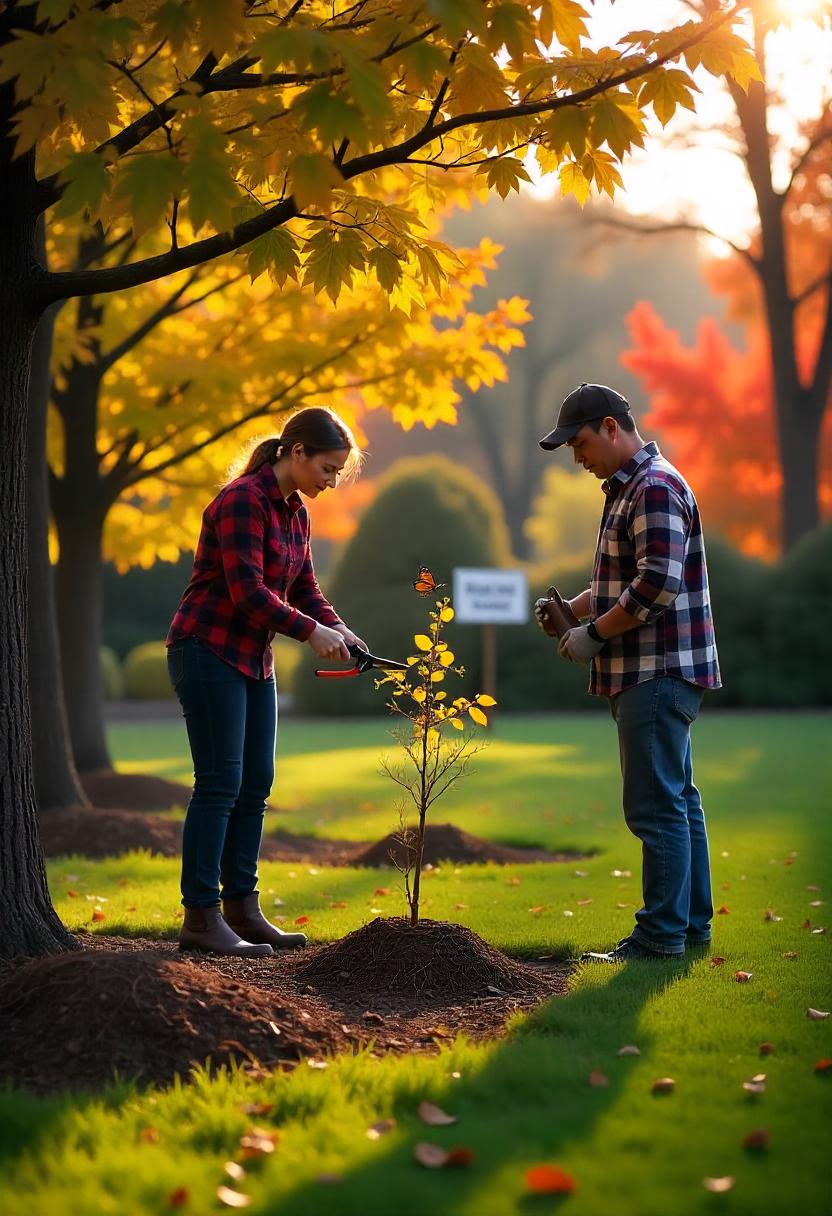 A tranquil late-fall garden scene illustrating the essential tasks of pruning and tree care. In the foreground, a gardener is carefully pruning a deciduous tree, removing dead and damaged branches with pruning shears. Nearby, a small pile of pruned branches indicates the work being done to improve air circulation and tree health. In another part of the garden, young trees are wrapped in protective burlap and secured with stakes, emphasizing the care taken to shield them from winter damage. Mulch is spread around the base of the trees, kept clear of the trunks. The background features colorful autumn foliage, and a small sign reads 