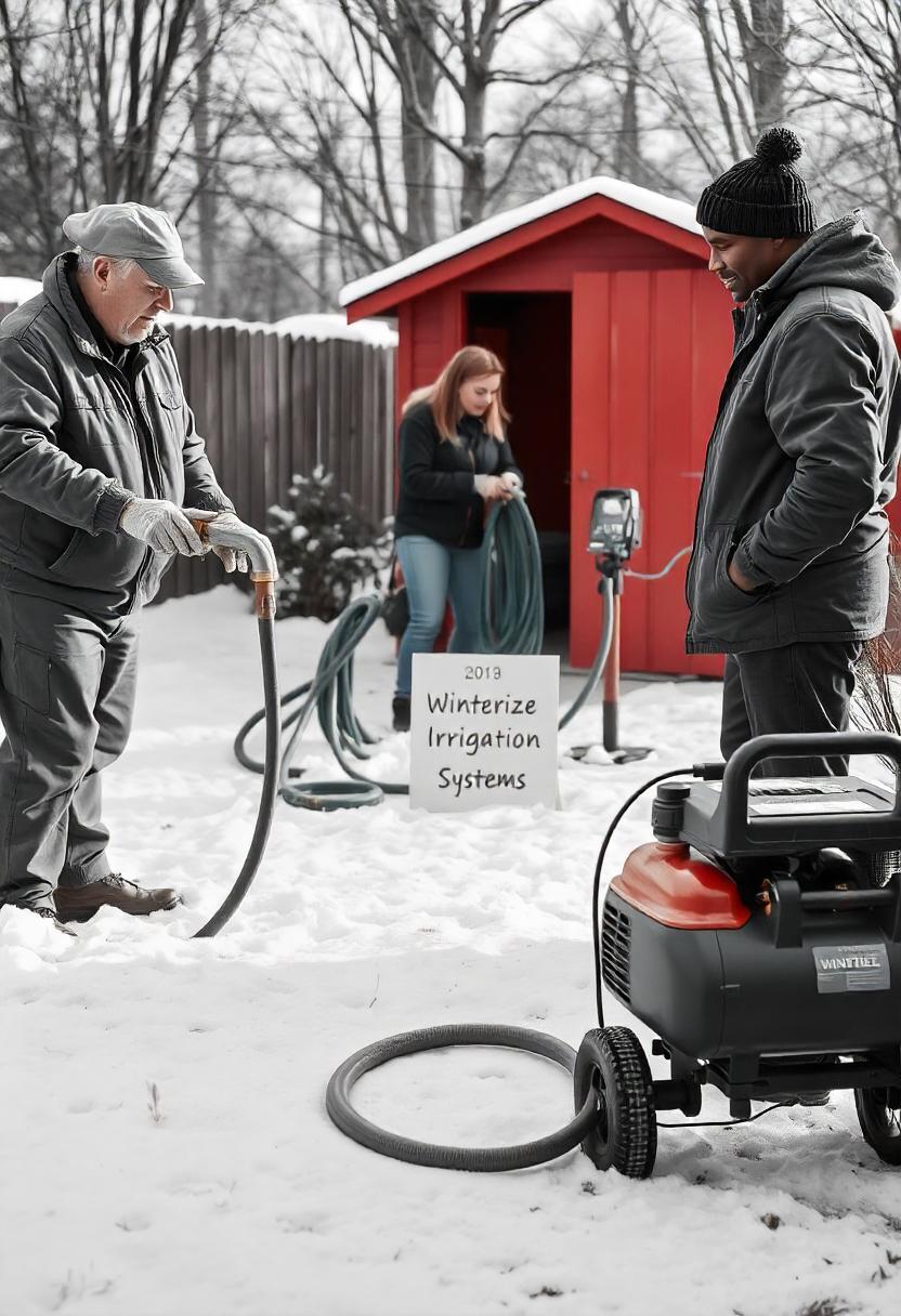 A practical winter scene in a backyard showcasing the steps to winterize irrigation systems. In the foreground, a gardener is turning off the water supply to an outdoor faucet, ensuring the system is properly shut down for winter. Nearby, hoses are being drained and coiled neatly, ready to be stored in a frost-free location, with a cozy shed in the background. A portable air compressor is positioned next to a sprinkler system, indicating the process of blowing out the lines, while a professional nearby offers assistance. The landscape is gently covered with a light dusting of snow, creating a winter atmosphere. A small sign reads 