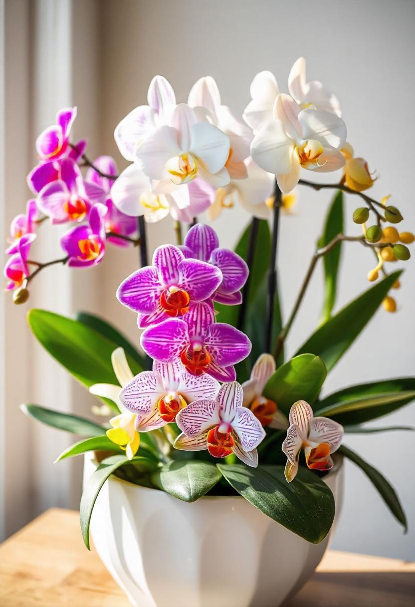 A stunning display of assorted orchids in a decorative pot, featuring various genera with elegant blooms in colors like vibrant purple, soft white, and bright yellow. The delicate petals and intricate patterns create a luxurious feel, while the lush green foliage enhances the overall beauty. Soft natural light highlights the details of each flower, creating a serene atmosphere. 