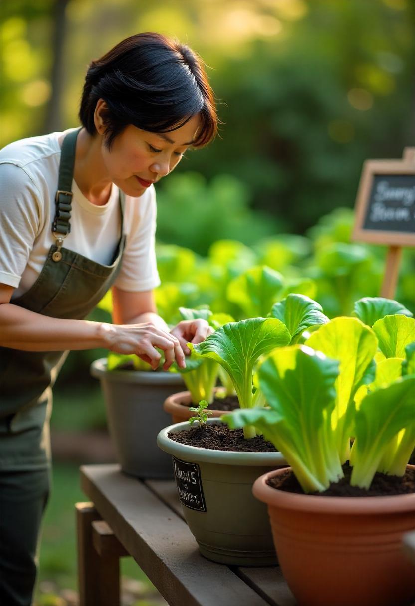 A bright and inviting gardening scene showcasing various containers ideal for growing bok choi. In the foreground, a gardener is examining a selection of pots, including a deep, 12-inch wide ceramic pot and a stylish self-watering container with visible drainage holes. Some pots are filled with rich potting soil, ready for planting. Labels attached to each container highlight the recommended dimensions of at least 6 inches deep and 12 inches wide. The background features lush green bok choi plants thriving in similar containers, demonstrating successful growth. Sunlight filters through the leaves, creating a warm, vibrant atmosphere. A small chalkboard sign reads 