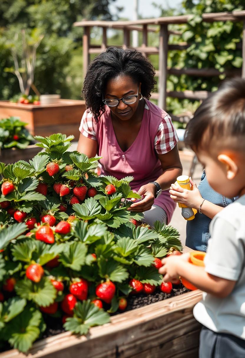 An inviting garden scene with thriving strawberry plants in raised beds. The image highlights vibrant, ripe red strawberries peeking through lush green leaves, with a soft focus on background elements like wooden planters or trellises. The strawberries glisten under a soft morning sun, emphasizing their juicy, sweet appeal. 