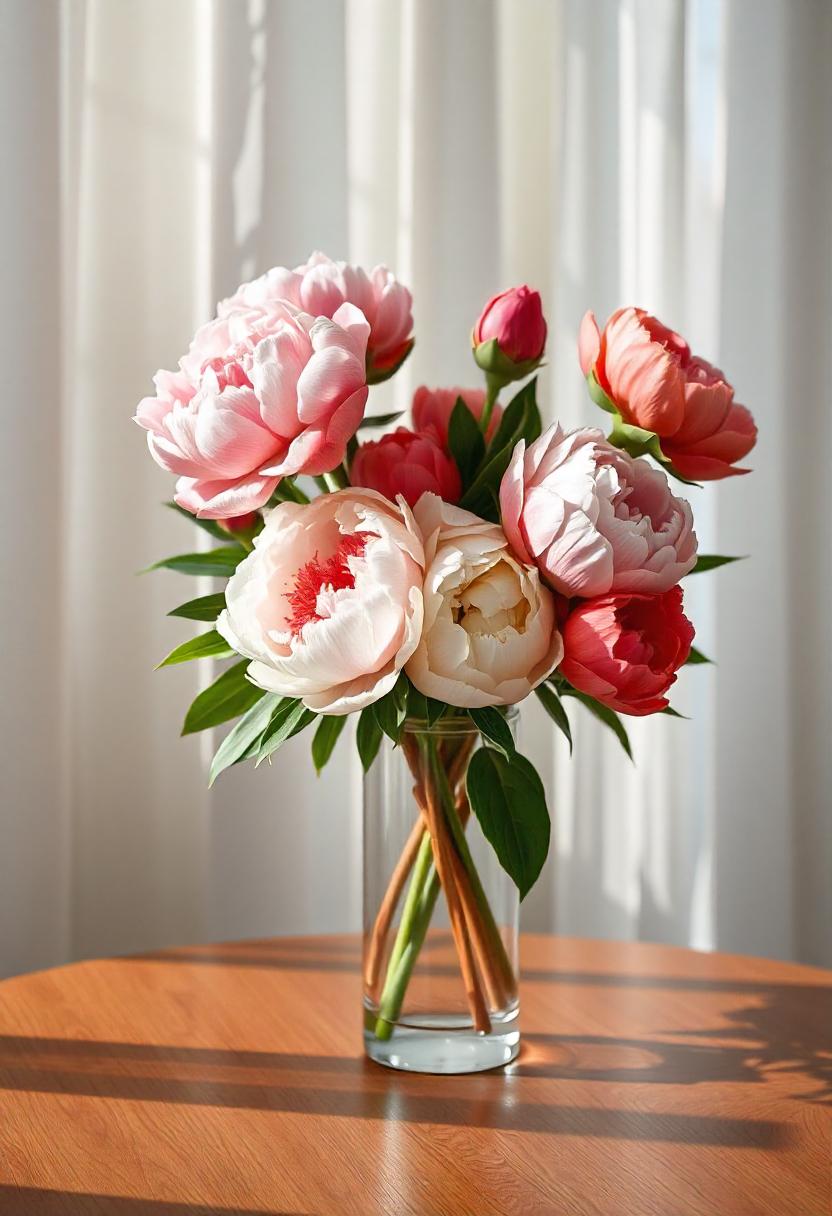 A stunning display of peonies in a vase, featuring large, lush blooms in white, pink, coral, and red. The ruffled petals create a sense of luxury and romance, with sunlight illuminating their soft textures. The bouquet is arranged on a simple, elegant table setting, enhancing the flowers