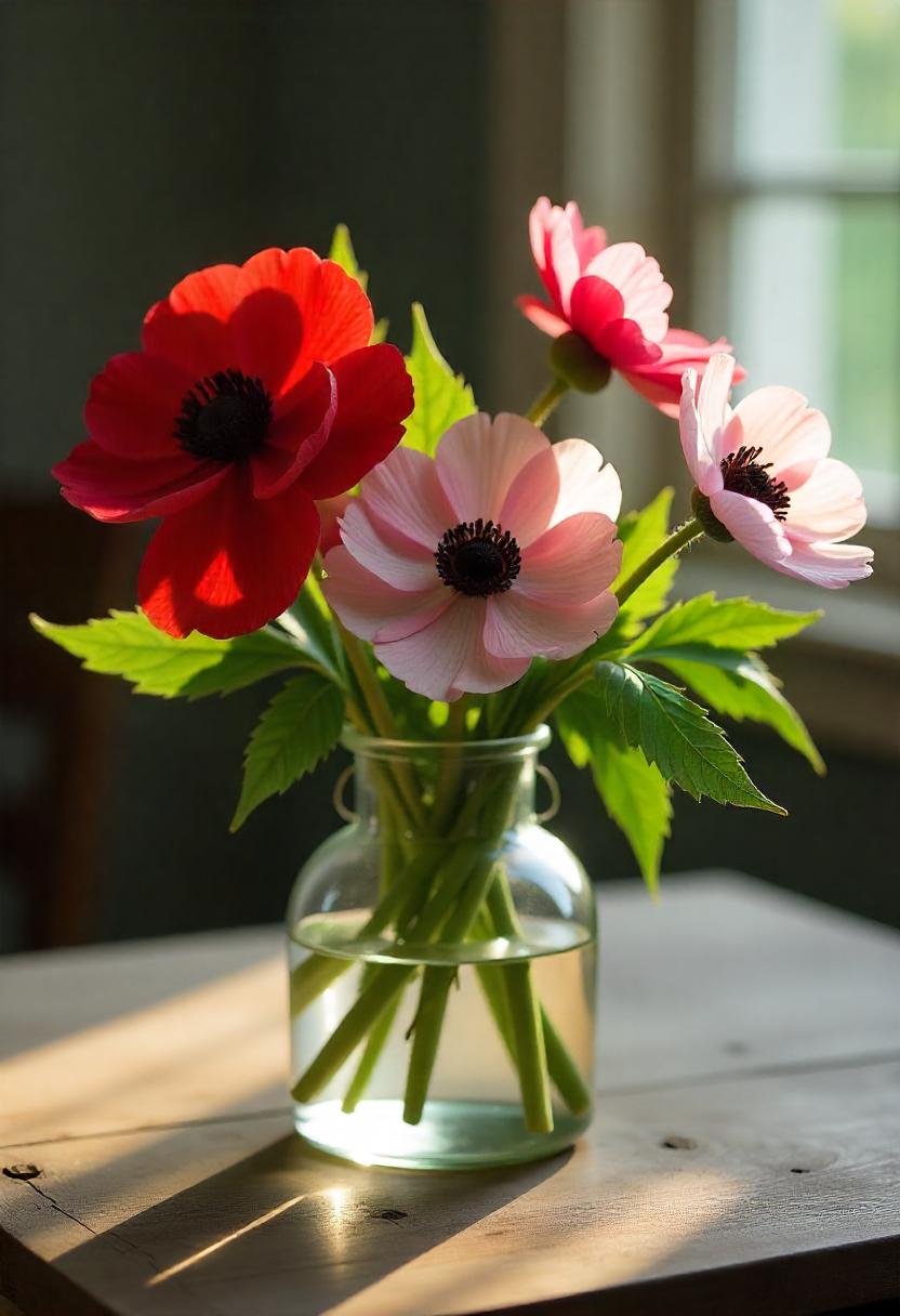 A captivating arrangement of anemone flowers in a vase, showcasing their delicate, bowl-shaped blooms in vibrant colors like deep red, soft pink, and pure white. Each flower has striking dark centers, adding a dramatic contrast to their bright petals. The lush green leaves complement the colorful blooms beautifully. The scene is softly illuminated by natural light, creating a fresh and inviting atmosphere.