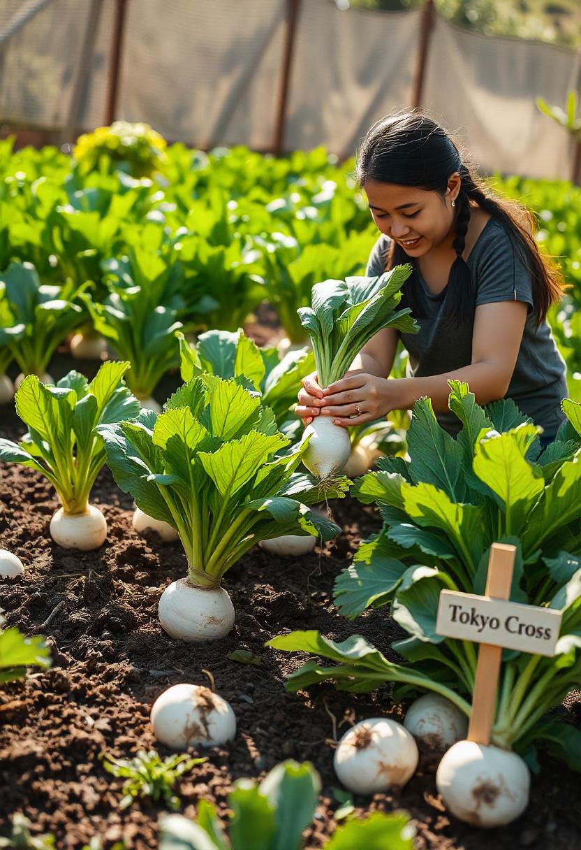 A flourishing garden bed showcasing turnip plants with vibrant, edible green tops and round, white turnip bulbs emerging from the rich soil. The bulbs are smooth and firm, with some fully grown and others still maturing. The focus is on the 