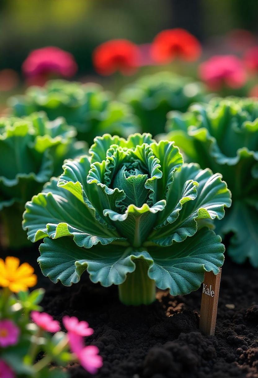 A vibrant garden filled with deep green kale plants, their curly and textured leaves standing tall and lush. The hardy kale plants appear strong, thriving in cool weather, with a hint of frost lightly dusting the edges of the leaves, giving them a slight sheen. The focus is on the resilience of kale, with the plants looking even fresher after the frost, emphasizing their sweetness. The garden soil is dark and rich, and a few kale seedlings can be seen in the background, indicating continuous growth. A small garden marker identifies the plant as 