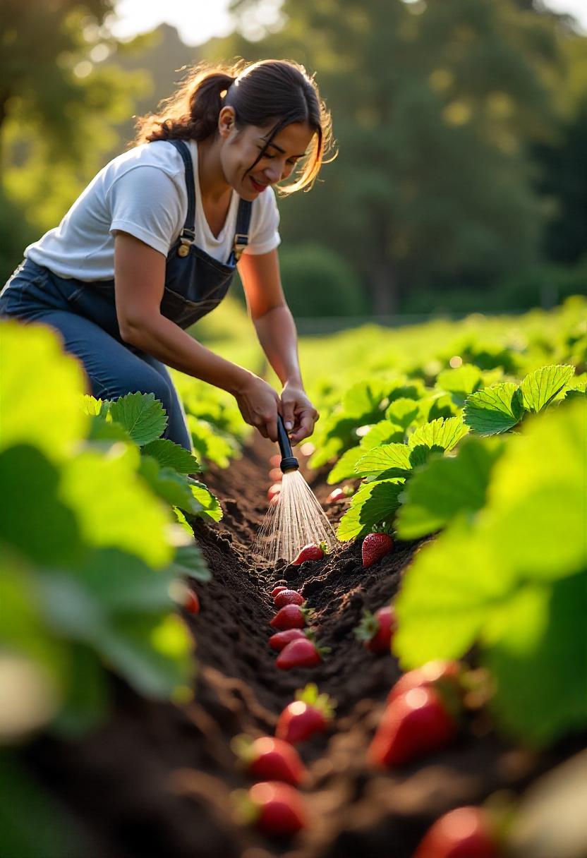 An image of a well-maintained strawberry patch, with labels highlighting proper care techniques. Show even watering, using a drip irrigation system or watering can aimed at the base of the plants. Include mulch around the plants to conserve moisture and prevent weeds. Display healthy, green foliage and bright strawberries ripening in the sunlight. Include tips such as 