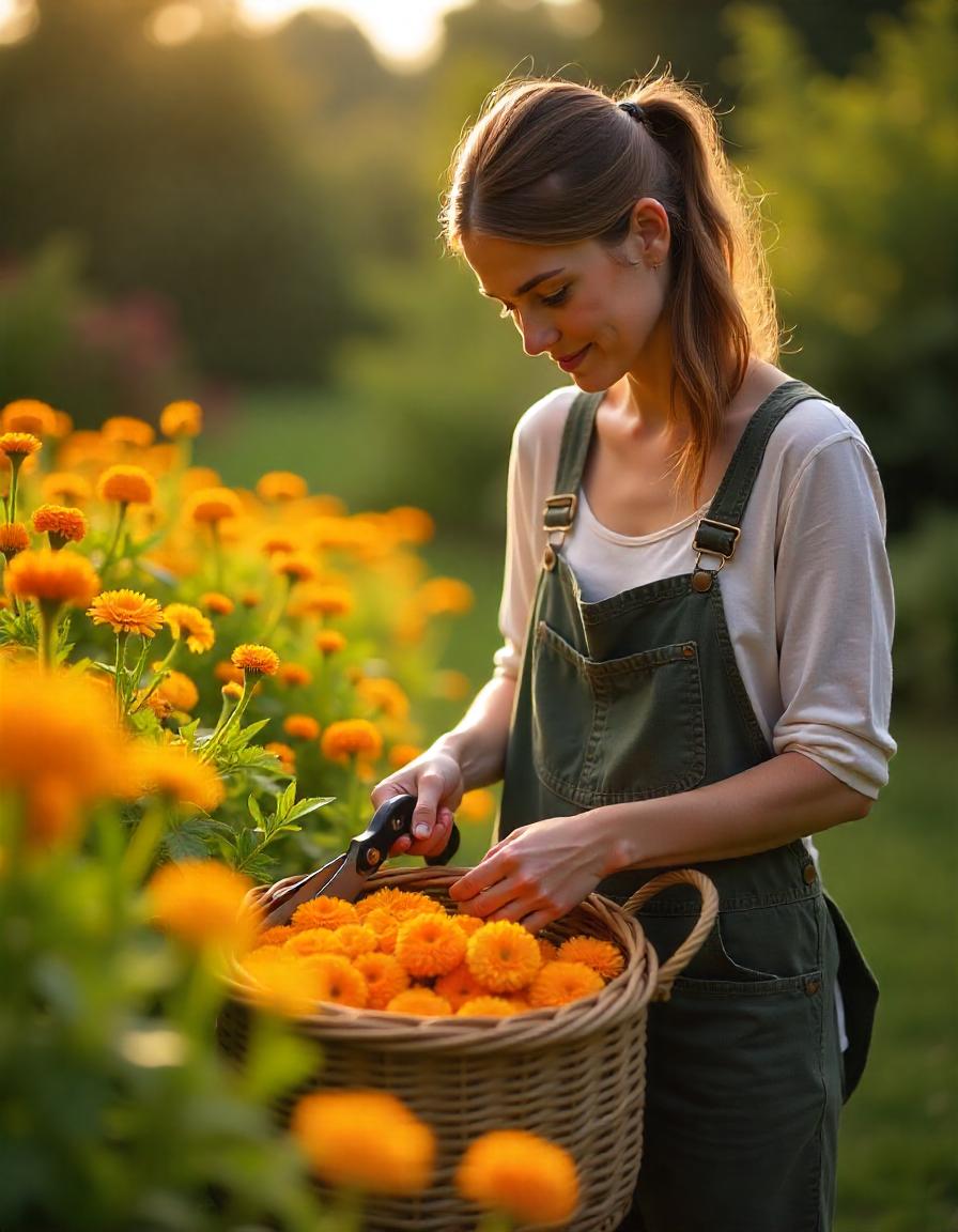 A gardener’s hands gently cutting calendula flowers from the plant using garden shears, with a wicker basket nearby filled with freshly harvested bright yellow and orange calendula blooms. The scene takes place in a sunlit garden, with green foliage and multiple blooming calendula plants in the background. The flowers appear full and vibrant, and the atmosphere feels peaceful and productive, capturing the essence of harvesting.