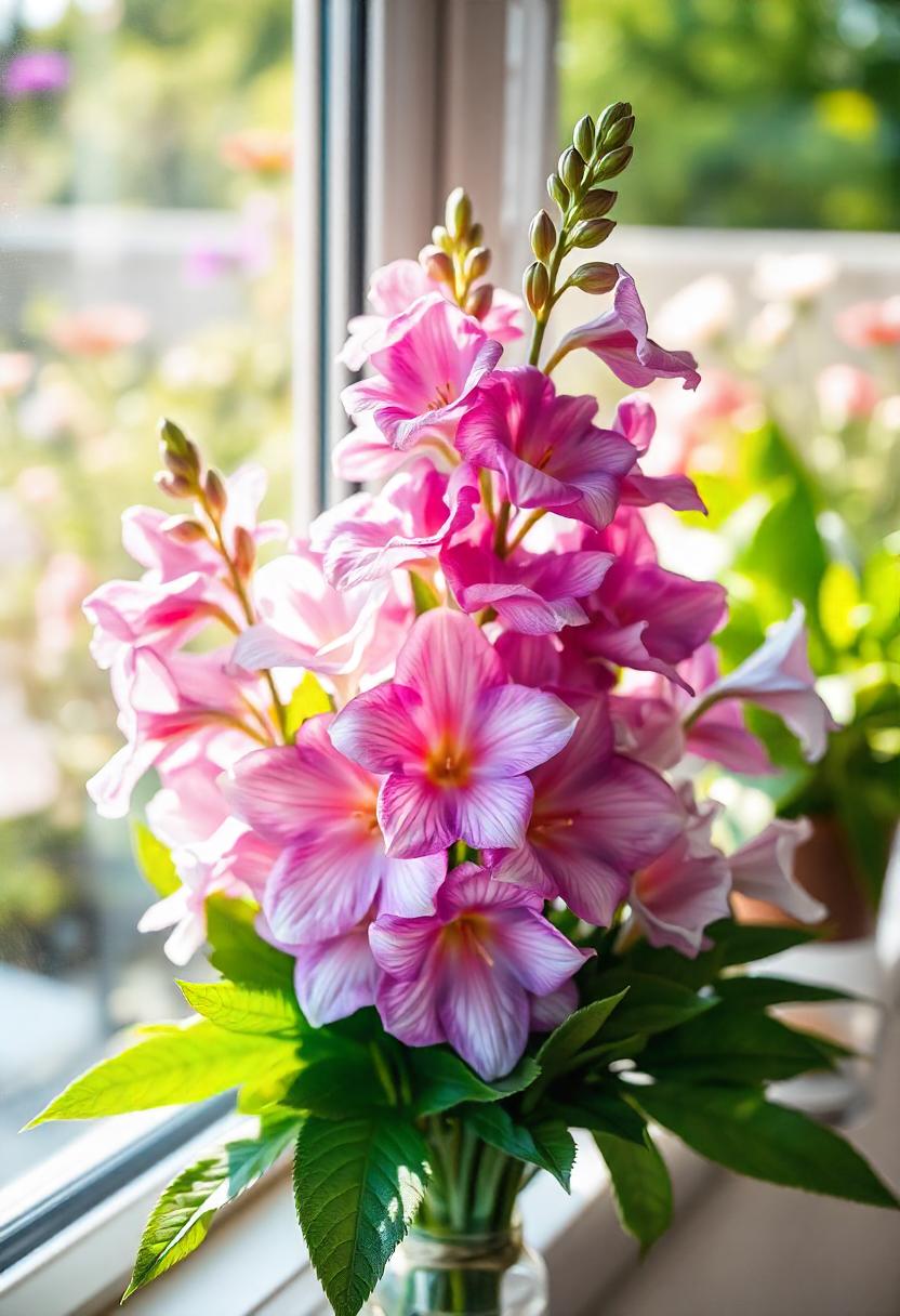 A beautiful bouquet of lisianthus flowers displaying their delicate, ruffled blooms in shades of lavender, pink, and white. The flowers are arranged with soft, green foliage that enhances their romantic appearance. Sunlight gently illuminates the petals, showcasing their silky texture and vibrant colors. The background is a soft, blurred garden scene, creating an enchanting atmosphere.