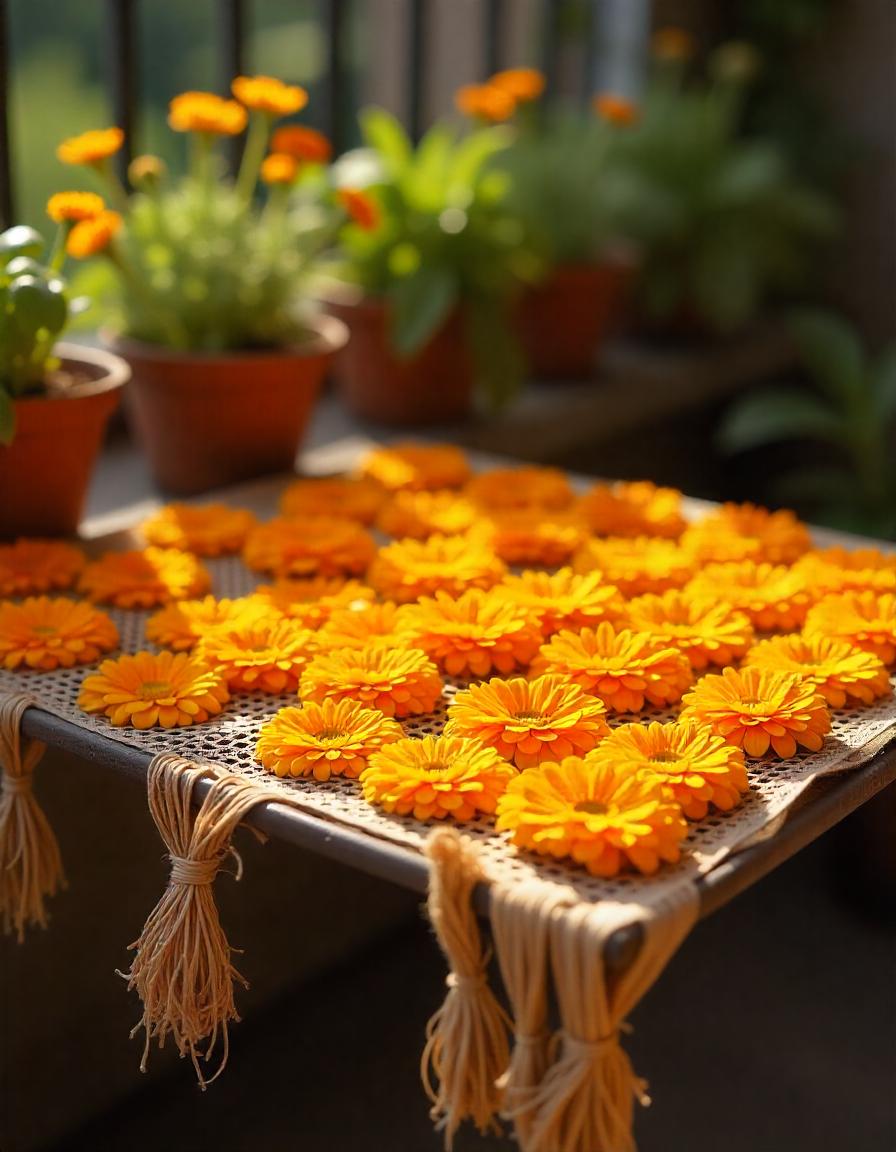 A rustic scene showing calendula flowers laid out on a mesh drying rack, their bright yellow and orange petals spread evenly in the sunlight. The drying rack is placed in a cozy outdoor or indoor setting, with a soft breeze gently flowing through. Some dried calendula flowers are hanging in small bunches from a string. A close-up of a few dried petals next to fresh blooms shows the drying process. The overall mood is natural and calming, reflecting the careful preservation of the flowers.

