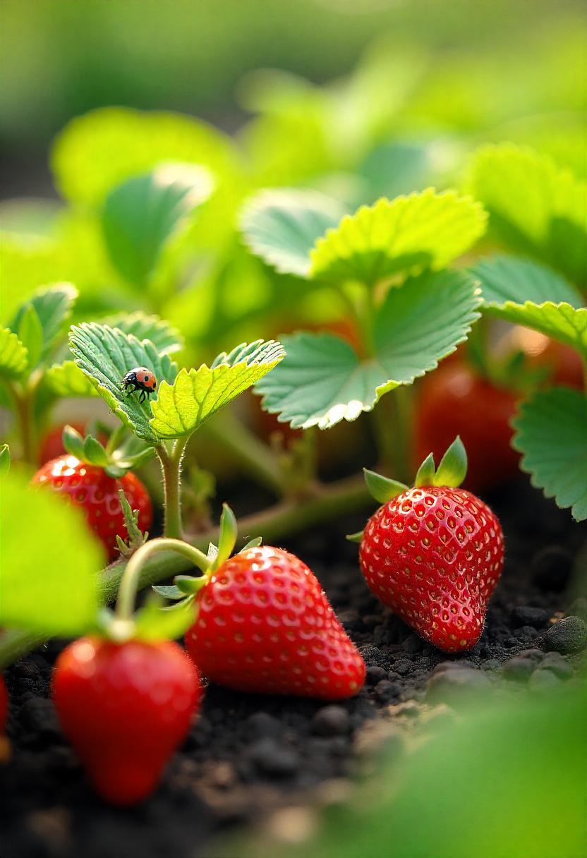 Illustrate a vibrant strawberry garden showing various pest protection methods. Feature healthy strawberry plants surrounded by beneficial insects like ladybugs and praying mantises. Include elements like physical barriers (row covers or netting), organic pest control products (like neem oil), and signs of common pests (aphids or slugs) with arrows indicating treatment methods. The background should be sunny and inviting, emphasizing a healthy, thriving strawberry patch.