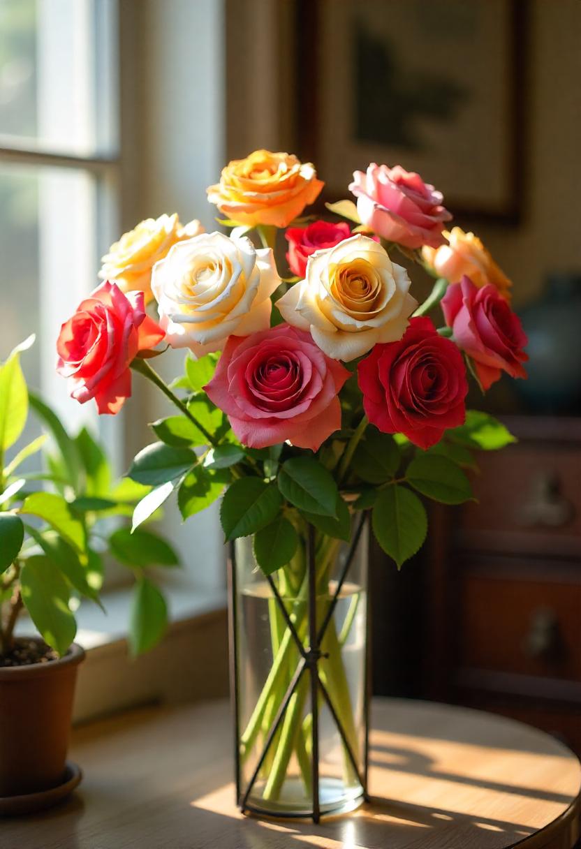 An exquisite collection of garden roses, featuring white, pink, red, yellow, and multicolor, elegantly arranged in a tall vase on a wrought iron stand. The roses are fully opened, showcasing their delicate petals and bright green leaves. The setting is a sunlit room decorated with vintage furniture, the sunlight creating a warm atmosphere that accentuates the flowers