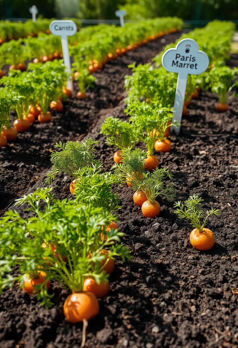 A vibrant garden scene featuring rows of baby carrots with lush green tops and their bright orange roots peeking out from the dark, rich soil. The focus is on the short, round 