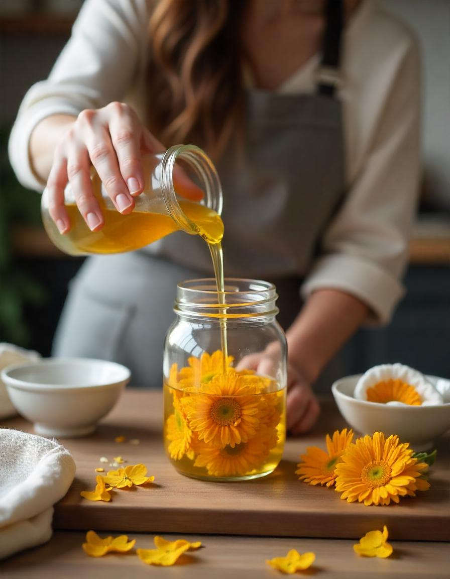 A cozy kitchen setting with a glass jar filled halfway with dried calendula flowers, and a bottle of olive or coconut oil being poured over the flowers. Nearby, a double boiler setup is shown gently heating calendula flowers submerged in oil for the quick infusion method. A cheesecloth is laid out next to a small bowl for straining, along with a clean jar ready for the final calendula oil. The scene is warm and inviting, emphasizing the simplicity and natural process of making calendula oil at home.