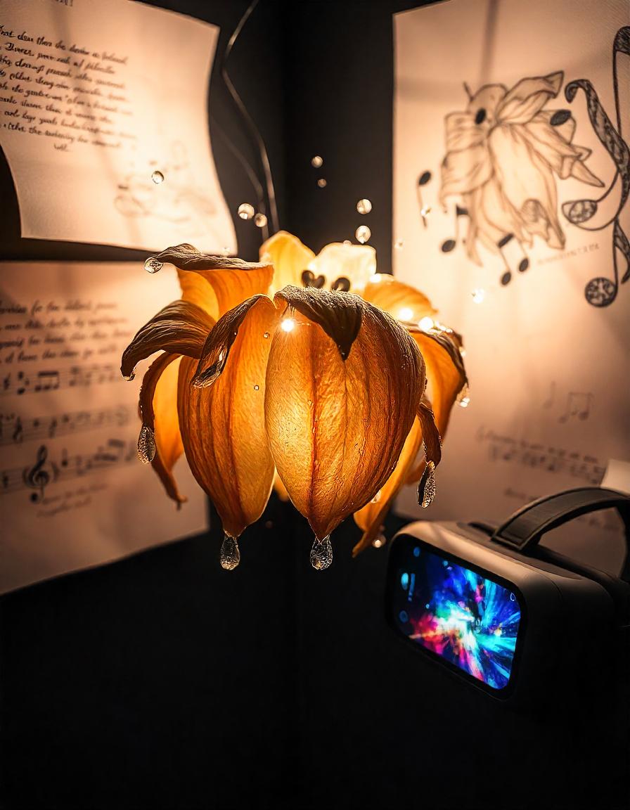 Design a multifaceted artistic installation that embodies the motif of tears on a withered flower, showcasing various creative mediums:
Visual Arts: Feature a close-up of a withered flower with sparkling tears, illuminated by soft, dramatic lighting that enhances the texture of the petals. Surround it with sketches or paintings in the background that play with light and shadow.
Poetry: Include snippets of poignant poetry written on translucent scrolls or floating around the flower, visually integrating words with the imagery to evoke emotion.
Music: Add visual elements that suggest sound, like musical notes or waveforms radiating from the flower, symbolizing compositions inspired by the theme.
Virtual Reality: Depict a VR headset nearby, with a digital interface displaying a vibrant, immersive environment where viewers can experience the beauty and decay interactively.
The overall composition should create a rich, layered experience, inviting viewers to engage with the motif through multiple artistic lenses, celebrating the complexities of beauty, emotion, and creation.