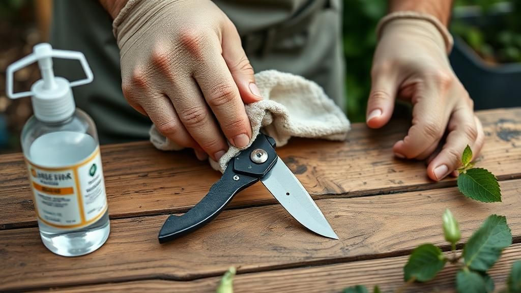 Gardener wiping pruning shears with a cloth and rubbing alcohol bottle beside it on a wooden table, realistic photography style.