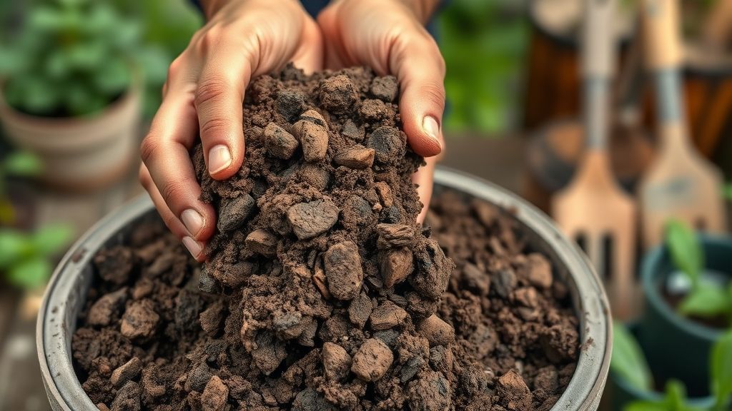 Wrong Soil – Hands filling a container with heavy garden soil, compacted, close-up view.