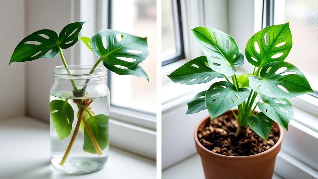 Two Monstera cuttings side by side: one in a clear glass jar of water, the other planted in a small pot with chunky soil mix, natural window light, realistic photography style.