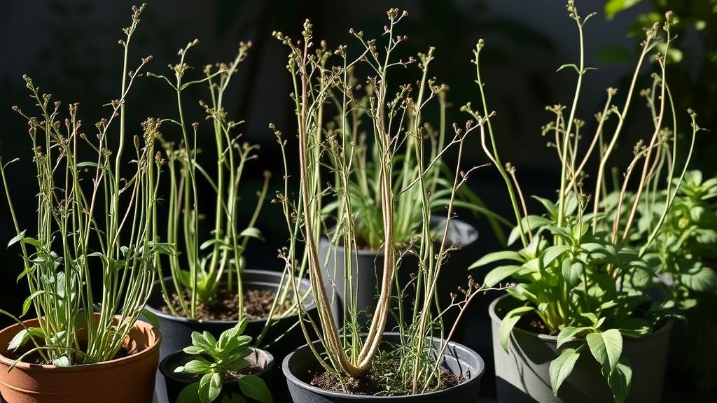 Ignoring Sunlight – Container plants in shade, thin and leggy growth.