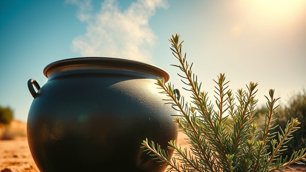 Temperature Control – Sun-heated black pot with drooping rosemary plant in summer.