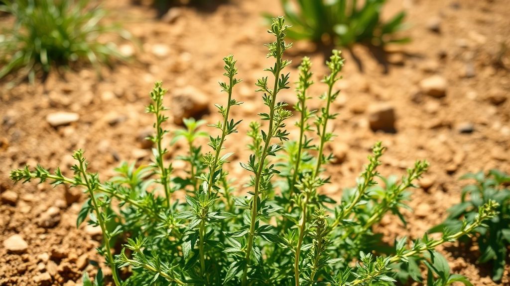 Tarragon – Tarragon plant in sunlit dry garden bed, green upright stems.