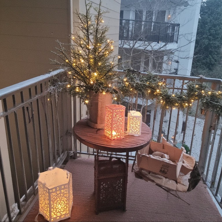 Place a few battery-operated LED lanterns on a small table or the floor. You can find festive styles at most home goods stores. They add a cozy, flickering light without any fire risk.